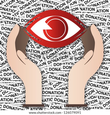 Eye Donation Concept Present By Eye With Hand in Donation Label Background