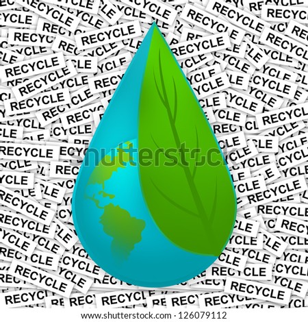 Water Drop With The Earth Inside Cover By Green Leaf For Save Water Concept in Recycle Label Background
