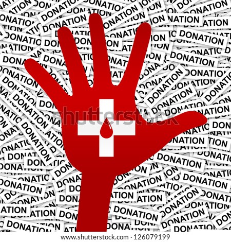 Blood Donation Concept Present By Red Blood Drop in White Cross Sign on Hand in Donation Label Background