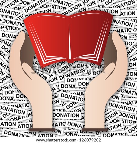 Book Donation Concept Present By Open Book With Hand in Donation Label Background