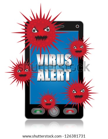 Mobile Phone Virus Concept Present By Black Smart Phone With Red Virus and Virus Alert Text on Screen Isolated on White Background