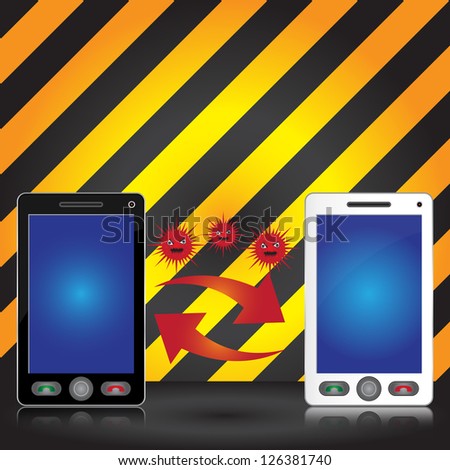 Mobile Phone Virus Concept Present By Black and White Smart Phone Transfer Red Virus With Some Space For Your Massage Above in Caution Zone Dark and Yellow Background