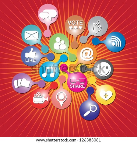 Online and Internet Social Network or Social Media Concept Present By Group of Colorful Social Media or Social Network Icon in Red Shiny Background