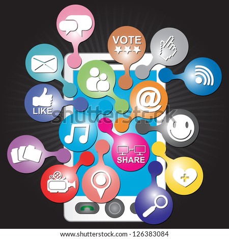 Online and Internet Social Network or Social Media Concept Present By White Smart Phone With Group of Colorful Social Media or Social Network Icon in Dark Background