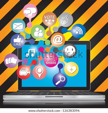 Online and Internet Social Network or Social Media Concept Present By Computer Laptop With Group of Colorful Social Media or Social Network Icon in Caution Zone Dark and Yellow Background