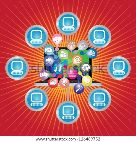 Online and Internet Social Network or Social Media Concept Present By Computer Laptop With Group of Colorful Social Media or Social Network Icon Connected to The Network in Red Shiny Background