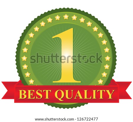 Green Glossy Style Sticker For Marketing Campaign With Red Best Quality Ribbon and Number 1 Sign Inside Isolated on White Background
