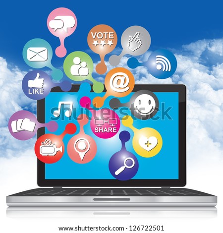 Online and Internet Social Network or Social Media Concept Present By Computer Laptop With Group of Colorful Social Media or Social Network Icon in Blue Sky Background