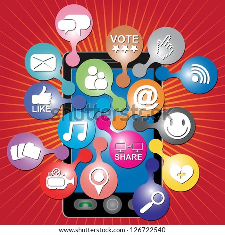Online and Internet Social Network or Social Media Concept Present By Black Smart Phone With Group of Colorful Social Media or Social Network Icon in Red Shiny Background