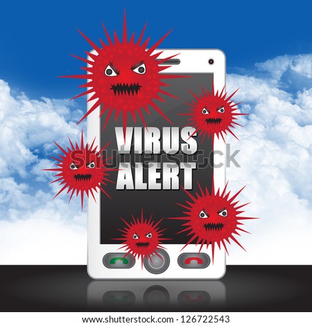 Mobile Phone Virus Concept Present By White Smart Phone With Red Virus and Virus Alert Text on Screen in Blue Sky Background