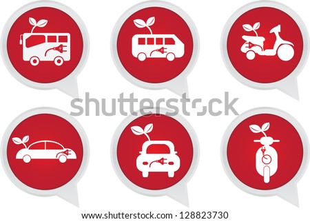 Alternative Transportation Technology Concept Present By White Hybrid Transportation Vehicles Sign on Red Icon Set Isolated on White Background