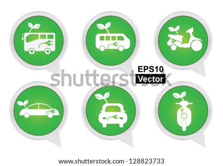 Vector : Alternative Transportation Technology Concept Present By White Hybrid Transportation Vehicles Sign on Green Icon Set Isolated on White Background