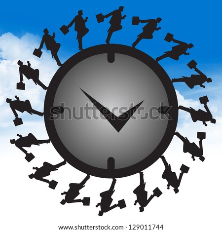 Business Or Time Management Concept Present By The Businessman Running Around The Clock in Blue Sky Background