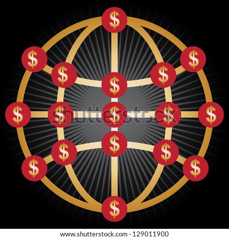 Business Structure, Teamwork or MLM Concept Present By The Dollar Sign Connected on The Global Network in Black Glossy Style Background