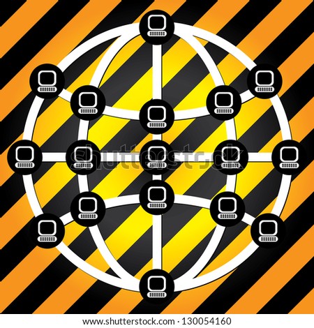 Global Computer Network Concept Present By The Earth With Computer Laptop Connected  in Yellow and Black Line Background
