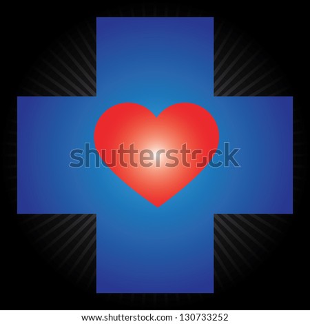 Heart Donation, Save Life or First Aid Concept Present by Blue Cross With Red Heart Inside in Black Shiny Background
