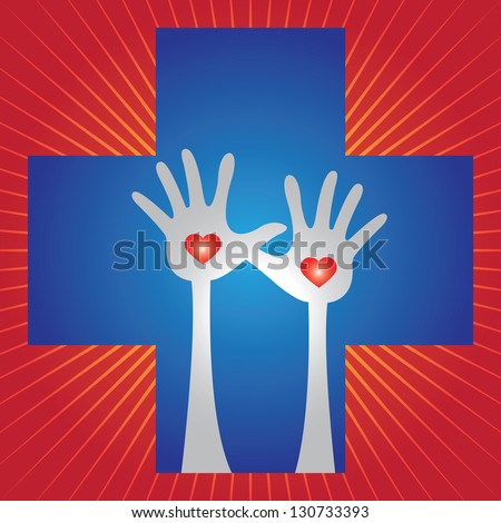 Health Aid, Health Volunteer or First Aid Concept Present by Blue Cross With Raised Hands and Red Heart Inside in Red Shiny Background