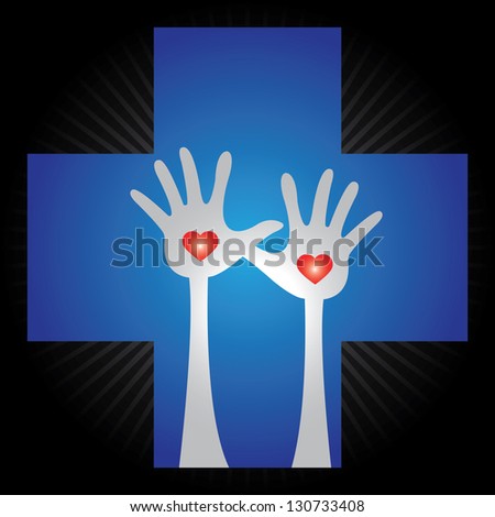 Health Aid, Health Volunteer or First Aid Concept Present by Blue Cross With Raised Hands and Red Heart Inside in Black Shiny Background