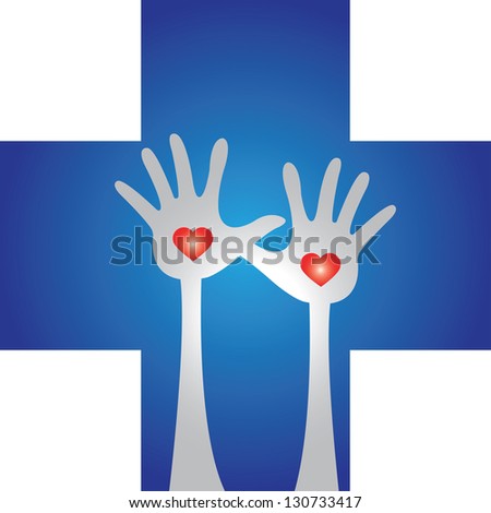 Health Aid, Health Volunteer or First Aid Concept Present by Blue Cross With Raised Hands and Red Heart Inside Isolated on White Background