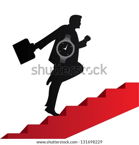Business Solution and Time Management Concept Present By The Businessman With Time Watch Walking Upstairs for Best Vision in His Business Isolated on White Background