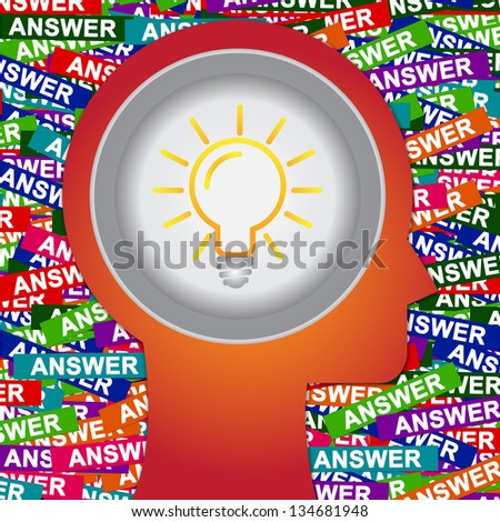 Graphic For Business Solution or Business Idea Concept Present By Red Head With Idea or Light bulb Sign Inside With Group of Colorful Answer Label Background