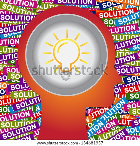 Graphic For Business Solution or Business Idea Concept Present By Red Head With Idea or Light bulb Sign Inside With Group of Colorful Solution Label Background