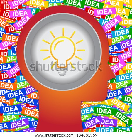 Graphic For Business Solution or Business Idea Concept Present By Red Head With Idea or Light bulb Sign Inside With Group of Colorful Idea Label Background