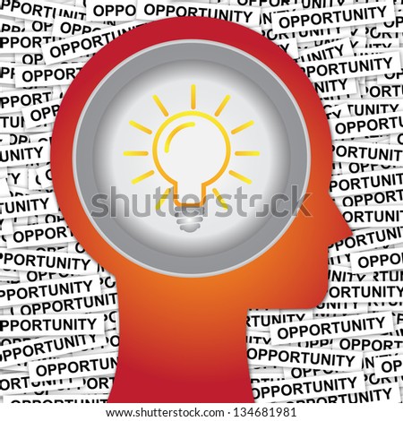Graphic For Business Solution or Business Idea Concept Present By Red Head With Idea or Light bulb Sign Inside With Group of Opportunity Label Background