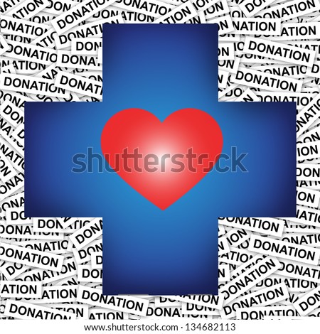Graphic For Health Aid, Health Volunteer or First Aid Concept Present by Blue Cross With Red Heart Inside in Donation Label Background