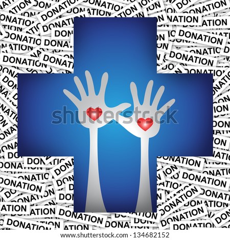 Graphic For Health Aid, Health Volunteer or First Aid Concept Present by Blue Cross With Raised Hands and Red Heart Inside in Donation Label Background