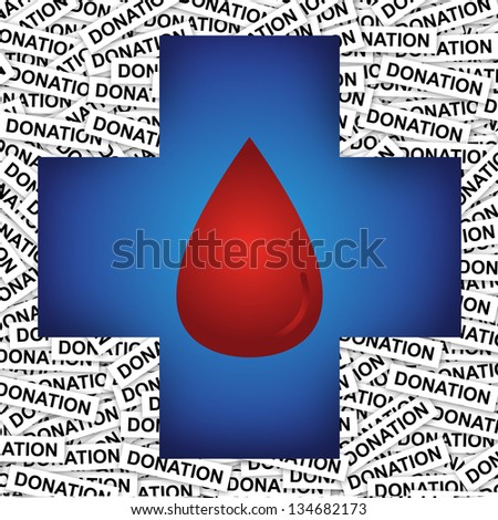 Graphic For Health Aid, Health Volunteer or First Aid Concept Present by Blue Cross With Red Blood Drop Inside in Donation Label Background