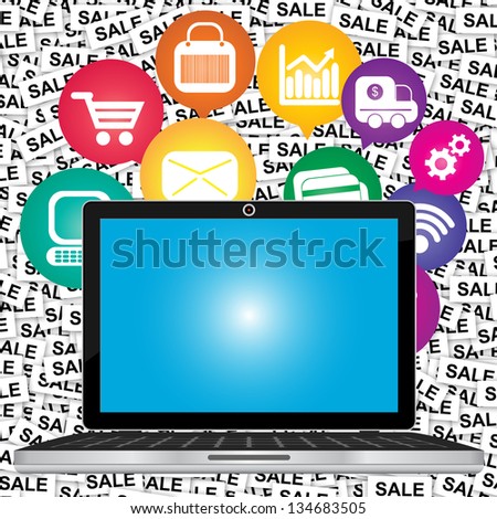 Online Business and E-Commerce Concept Present By Computer Laptop With Blank Screen For Your Own Text Message and Group of Colorful E-Commerce Icon Behind in Sale Label Background