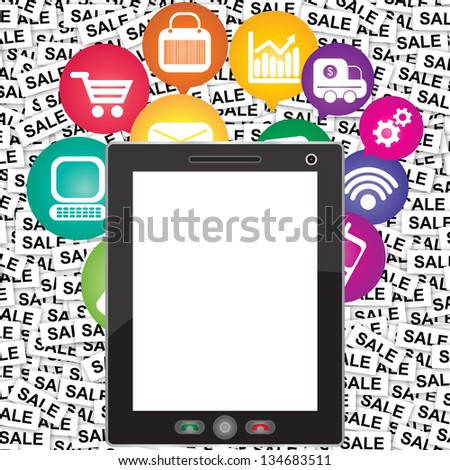 Online Business and E-Commerce Concept Present By Tablet PC With Blank Screen For Your Own Text Message and Group of Colorful E-Commerce Icon Behind in Sale Label Background