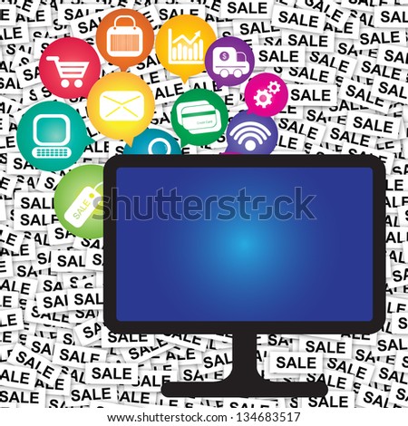 Online Business and E-Commerce Concept Present By Computer Screen With Blank Screen For Your Own Text Message and Group of Colorful E-Commerce Icon Behind in Sale Label Background