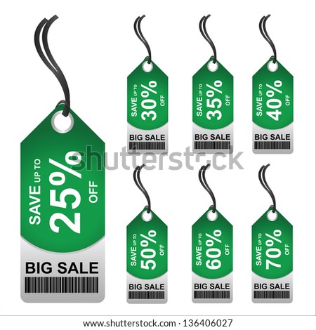 Price Tag for Marketing Campaign Present By Green 25 - 70 Percent OFF Big Sale Price Tag Isolated on White Background