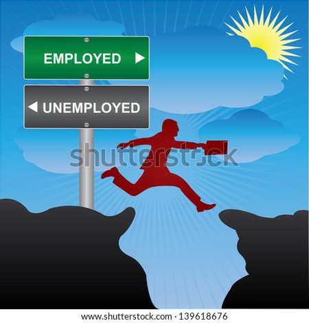 Business and Finance Concept Present By Jumping Through The Valley Gap With Green and Gray Street Sign Pointing to Employed and Unemployed in Blue Sky Background