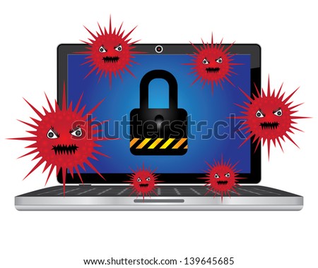 Computer Antivirus Concept Present By Computer Laptop or Computer Notebook With Red Virus  and The Key Lock on Screen Isolated on White Background