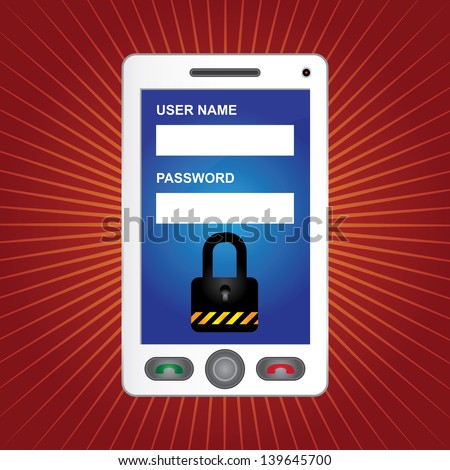 Mobile Phone Security Concept Present By White Smart Phone With Login Form and The Key Lock Icon on Screen in Red Shiny Background