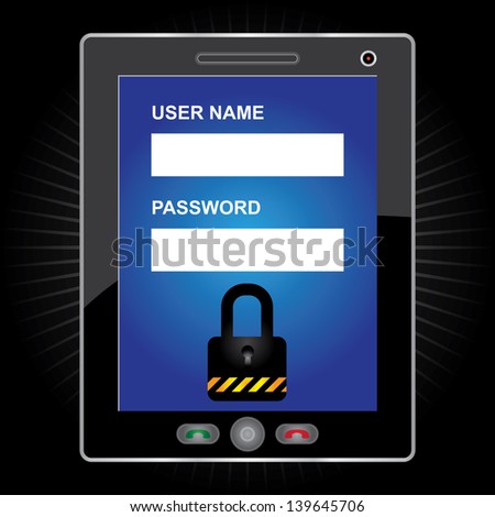 Mobile Phone Security Concept Present By Black Tablet PC With Login Form and The Key Lock Icon on Screen in Dark Background