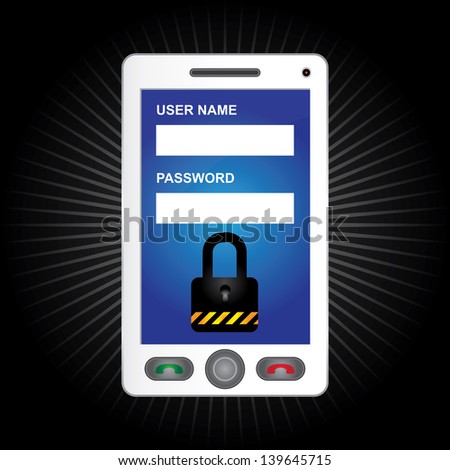 Mobile Phone Security Concept Present By White Smart Phone With Login Form and The Key Lock Icon on Screen in Dark Shiny Background