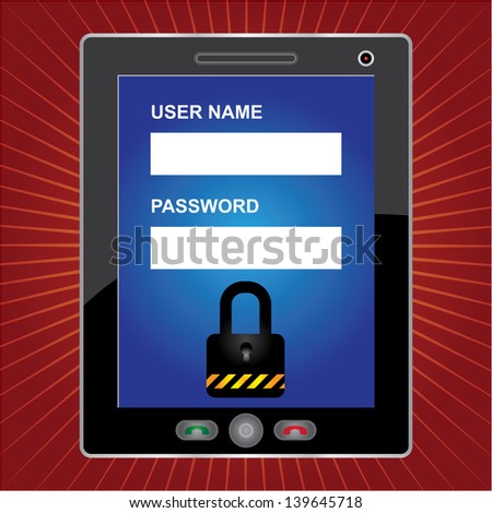 Mobile Phone Security Concept Present By Black Tablet PC With Login Form and The Key Lock Icon on Screen in Red Shiny Background