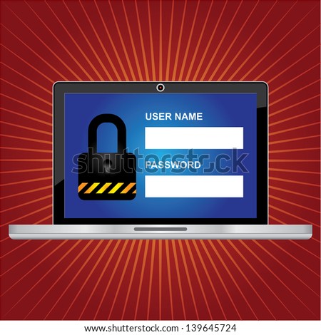 Computer Security Concept Present By Computer Laptop or Computer Notebook With Login Form and The Key Lock Icon on Screen in Red Shiny Background