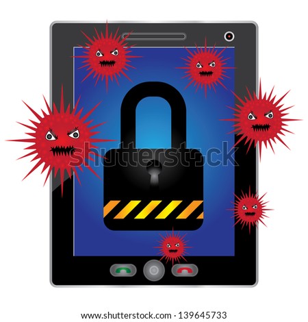 Mobile Phone Antivirus Concept Present By White Tablet PC With Red Virus and The Key Lock on Screen Isolated on White Background