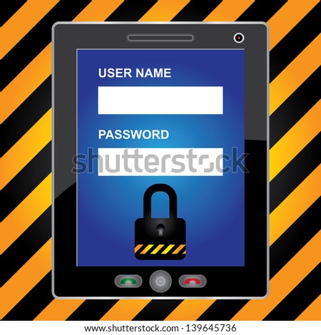 Mobile Phone Security Concept Present By Black Tablet PC With Login Form and The Key Lock Icon on Screen in Caution Zone Dark and Yellow Background