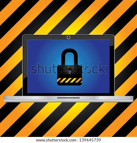 Computer Security Concept Present By Computer Laptop or Computer Notebook With The Key Lock on Screen in Caution Zone Dark and Yellow Background