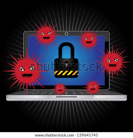 Computer Antivirus Concept Present By Computer Laptop or Computer Notebook With Red Virus  and The Key Lock on Screen in Dark Shiny Background