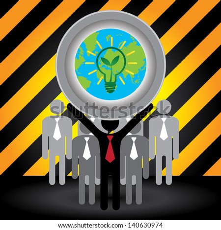 Recycle, Save The Earth or Stop Global Warming Concept Present By Group of Businessman With Earth and Green Light Bulb Sign on Hand in Caution Zone Dark and Yellow Background