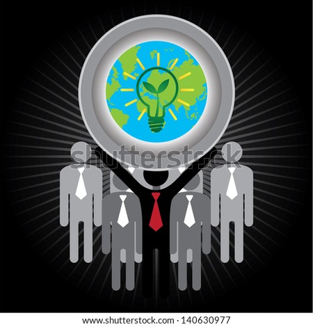 Recycle, Save The Earth or Stop Global Warming Concept Present By Group of Businessman With Earth and Green Light Bulb Sign on Hand in Dark Shiny Background