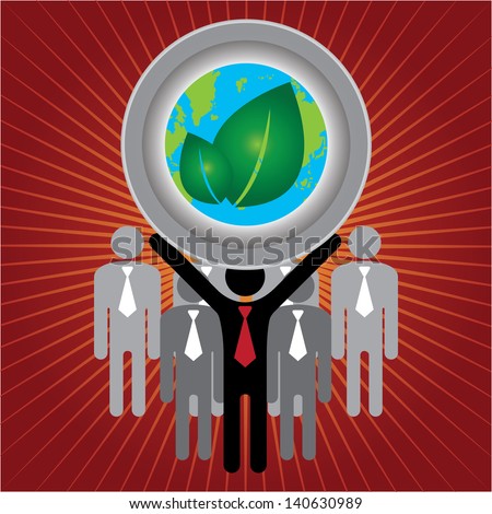 Recycle, Save The Earth or Stop Global Warming Concept Present By Group of Businessman With Earth and Green Leaf Sign on Hand in Red Shiny Background