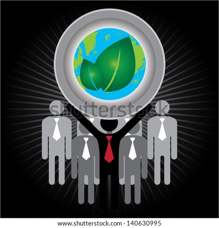 Recycle, Save The Earth or Stop Global Warming Concept Present By Group of Businessman With Earth and Green Leaf Sign on Hand in Dark Shiny Background